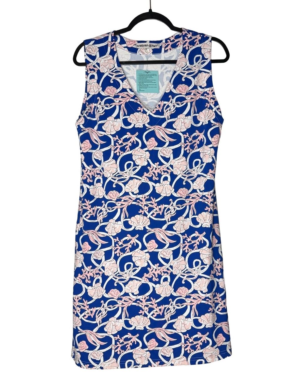 Barbara Gerwit Dress Large Blue Seashell Coral Sleeveless Stretch Coastal NEW